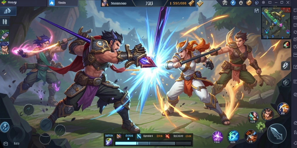 Gameplay MOBA seru dengan karakter unik dan pertarungan tim.