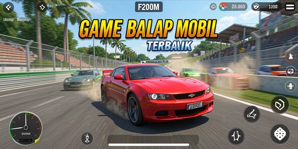 Screenshot gameplay F200M menampilkan balapan di jalanan kota yang mendebarkan.
