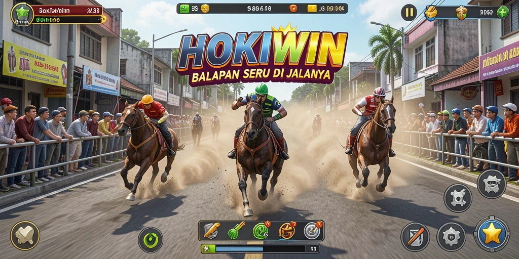 Gameplay HOKIWIN yang mendebarkan dengan mobil balap dan trek menantang.