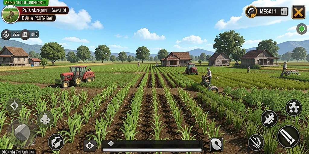 Screenshot MEGA111 menampilkan pemandangan ladang yang indah dan aktivitas pertanian.