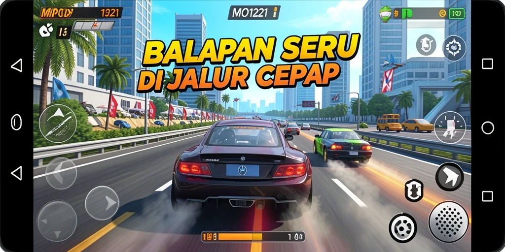Gameplay MPO1221 menampilkan aksi balapan yang mendebarkan dan menantang.