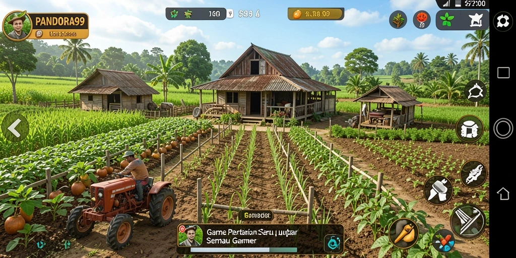 Tampilan screenshot PANDORA99 menampilkan ladang yang subur dan hewan ternak yang ceria.