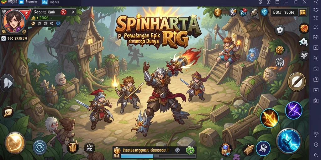 Tangkapan layar menampilkan aksi seru dalam SPINHARTA dengan pertarungan RPG yang intens.